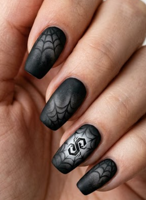 Dramatic monochrome Spider-Man Noir nail art with a velvety matte finish, black and white tones, and smoky charcoal web effects.