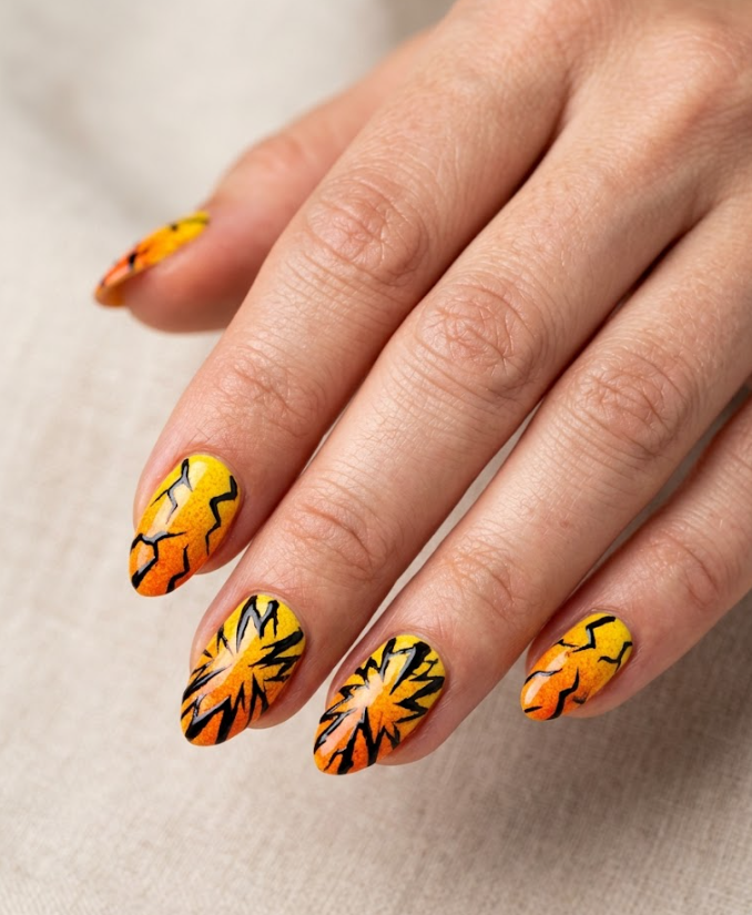 Comic book style Shocker villain nail design with a bright yellow and orange base and jagged black electric vibration lines.