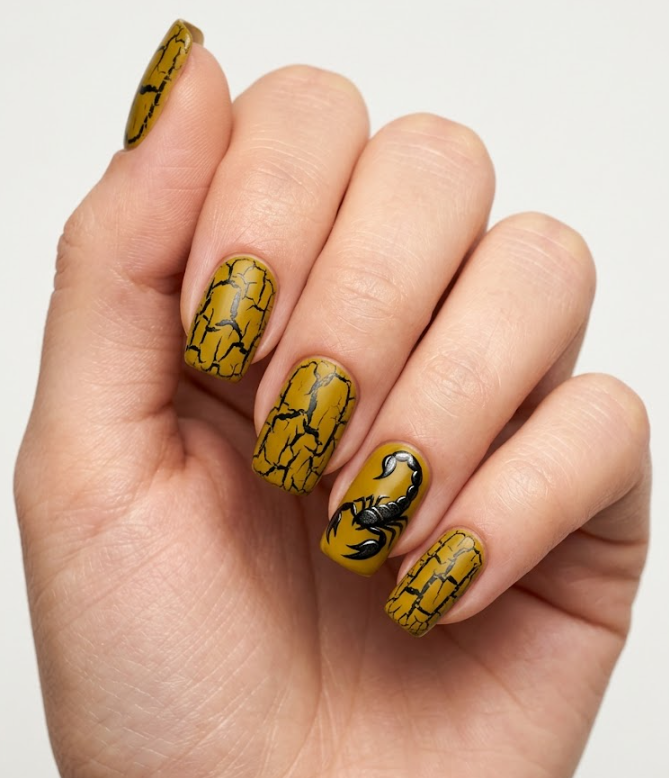 Bold Scorpion villain inspired manicure with a sharp acidic dark yellow base, harsh black cracks, and a metallic tail-sting accent graphic.