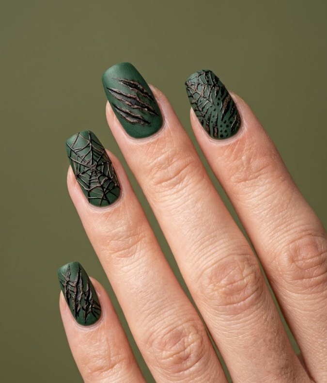 Wild Kraven the Hunter manicured nails featuring a deep jungle green base, realistic claw scratches, and asymmetric broken webs.
