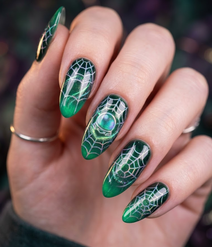 Black and white Spider-Man Noir nail art with smoky web effects, matte finish, and dramatic shadow line details.