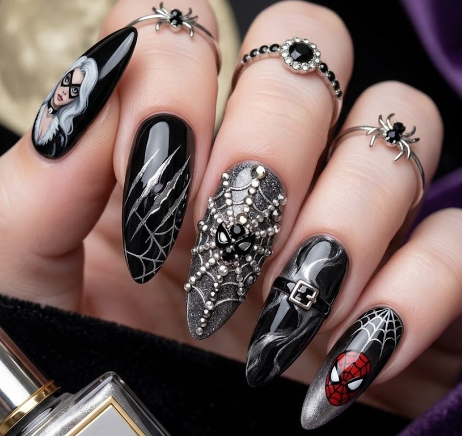 Futuristic Superior Spider-Man manicure with dark red nails, metallic blue tones, and mechanical web pattern nail art.