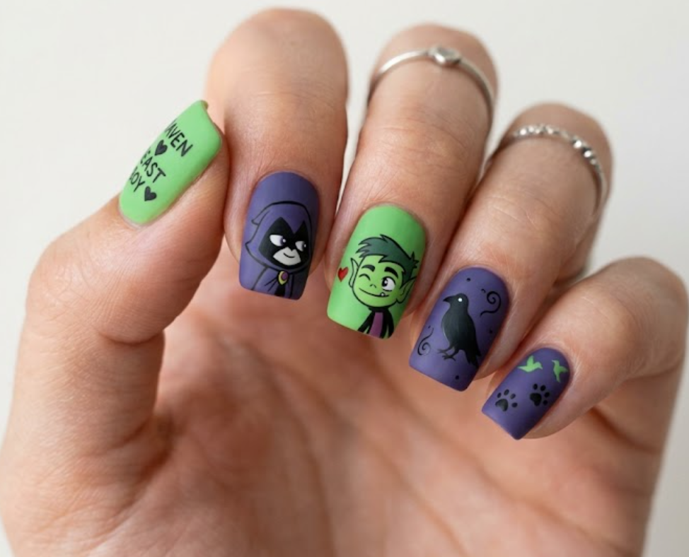 Matte square nails featuring a Teen Titans theme with Raven's dark violet color mixed with Beast Boy's bright cartoon green and tiny black paw prints.