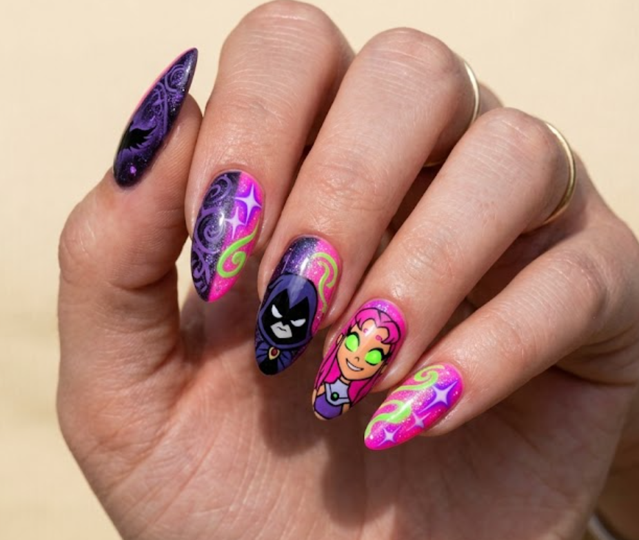 Almond shaped nails with a split bestie design showing Raven's dark purple magic on one hand and Starfire's neon pink and green starbursts on the other.