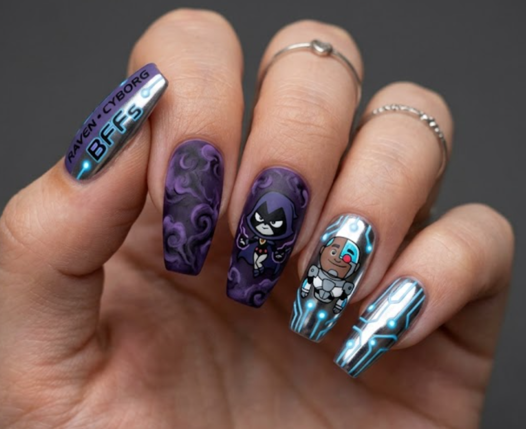 Ballerina shaped nails with a cool mashup of Raven’s purple magic clouds and Cyborg’s shiny silver metallic chrome with neon blue circuit lines.