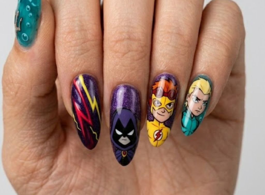 Oval shaped nails combining Kid Flash's yellow lightning bolts on a dark base with Aqualad's translucent teal blue jelly water ripples.