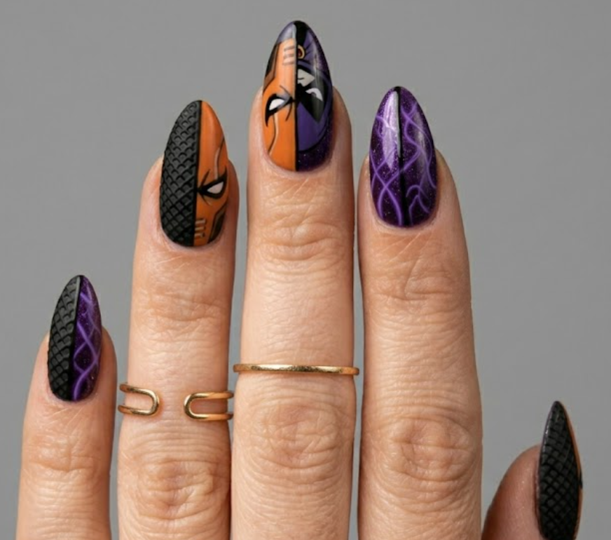 Sharp stiletto nails showing a split villain design with Slade's orange and black mask grid on half the nails and Raven's smooth purple aura lines on the rest.