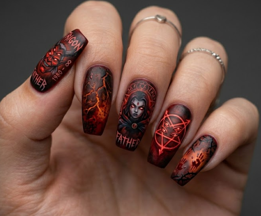 Long coffin nails with a dark demonic theme showing Trigon's red four-eye symbol and black and crimson hellfire gradients.
