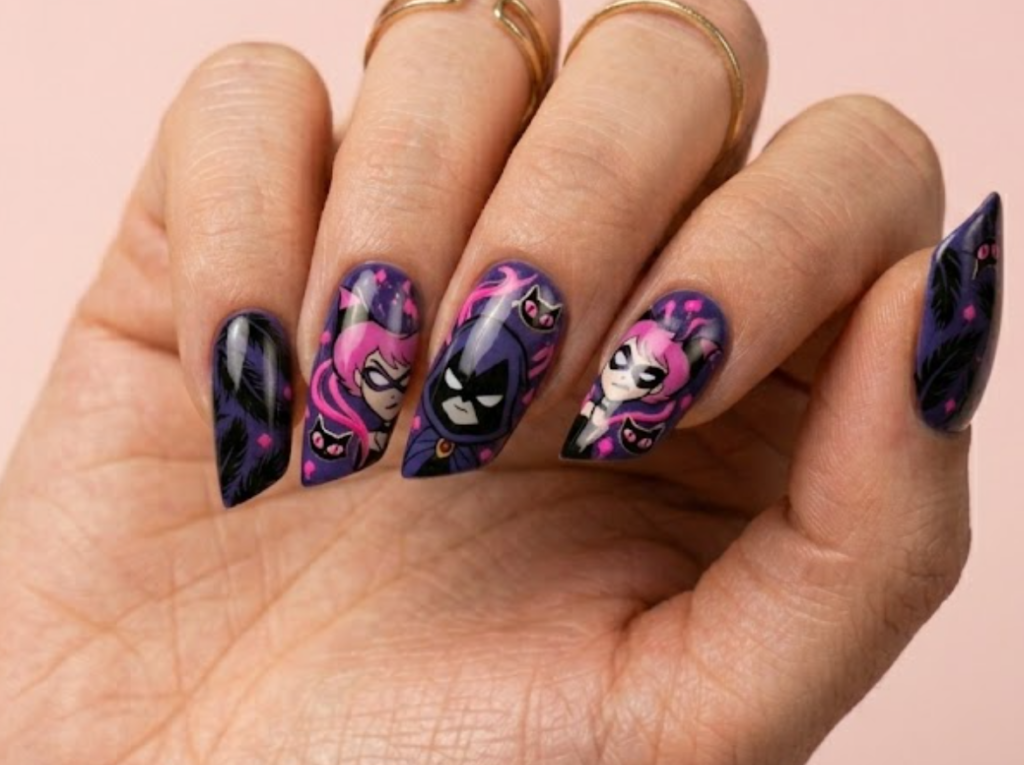 Slanted lipstick shaped nails mixing Jinx’s hot pink magic streaks and cat-eye charms with Raven’s dark purple base and black crow feathers.