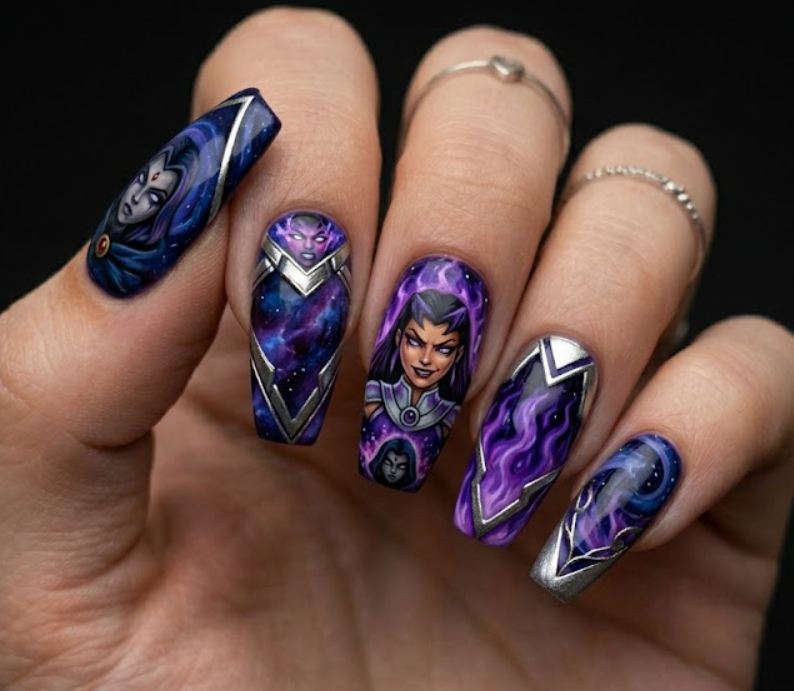 V-shaped edge nails showing a royal villain design with Blackfire's glowing violet fire patterns and silver armor lines next to Raven's dark indigo