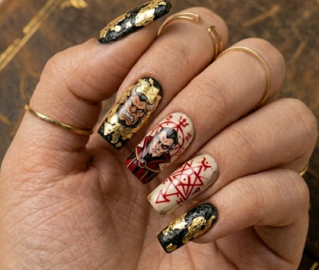 Flare shaped duck nails showing heavy gold leaf over black for Mammoth and clean red geometric cult symbols over white for Brother Blood.