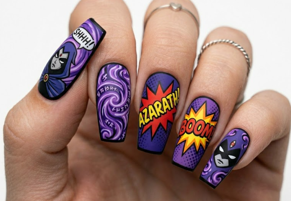 Tapered square nails featuring a continuous purple sunset gradient with a clean black hand-painted Gotham City skyline silhouette and Bat-Signal.