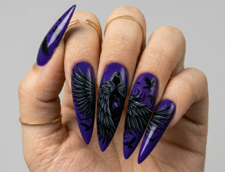 Long stiletto nails held together to form a full continuous artwork of Raven's black cloak opening up to unleash detailed shadow feathers over purple.