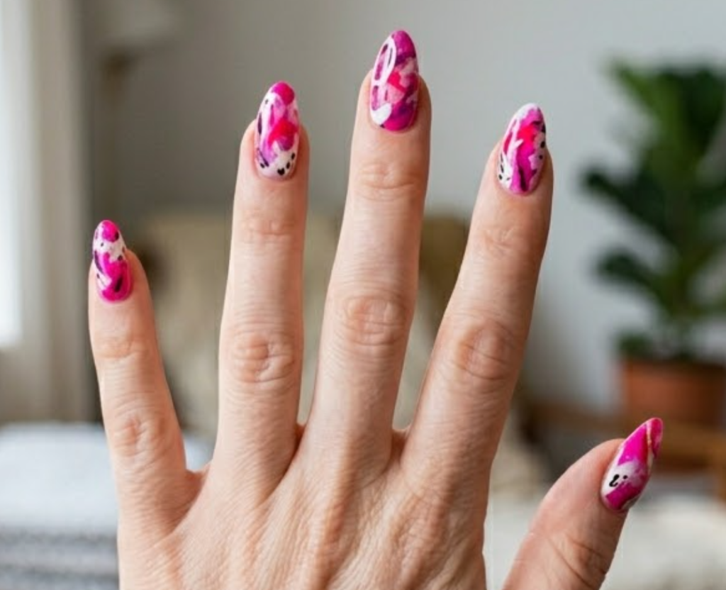 Close-up photo of a woman’s hand with white skin in a playful waving pose, lipstick-shaped nails.