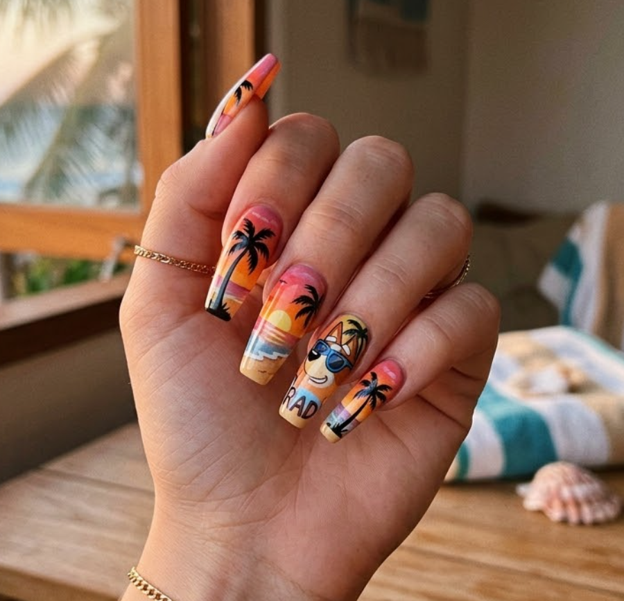 Uncle Rad Close-up photo of a woman’s hand with white skin in a relaxed beach-style lazy pose, coffin long-shaped nails.