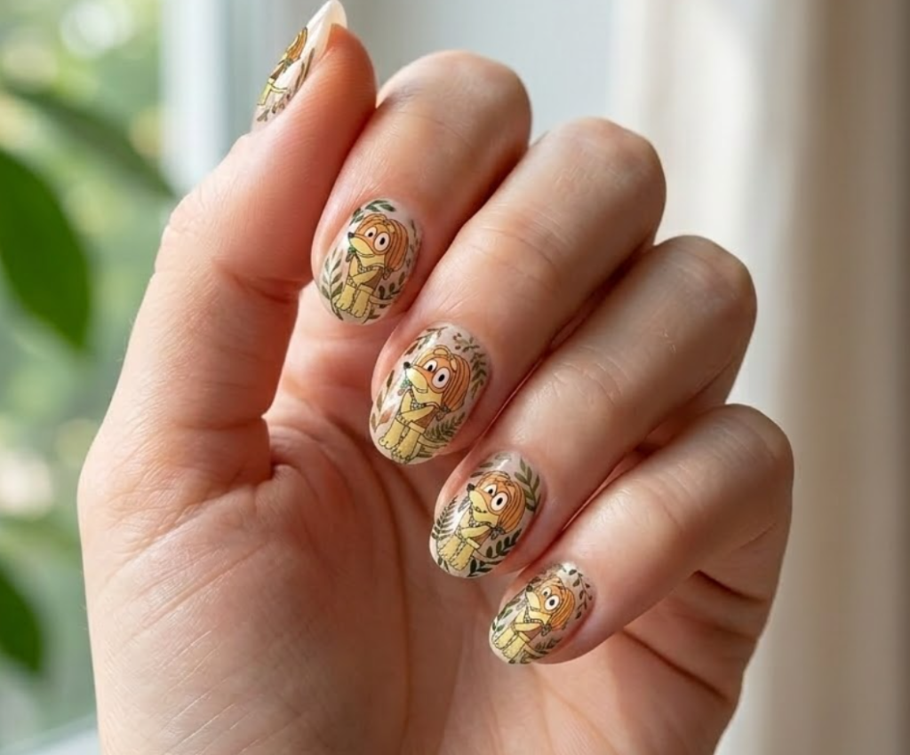 Indy Close-up photo of bluey nails, round natural-shaped nails.