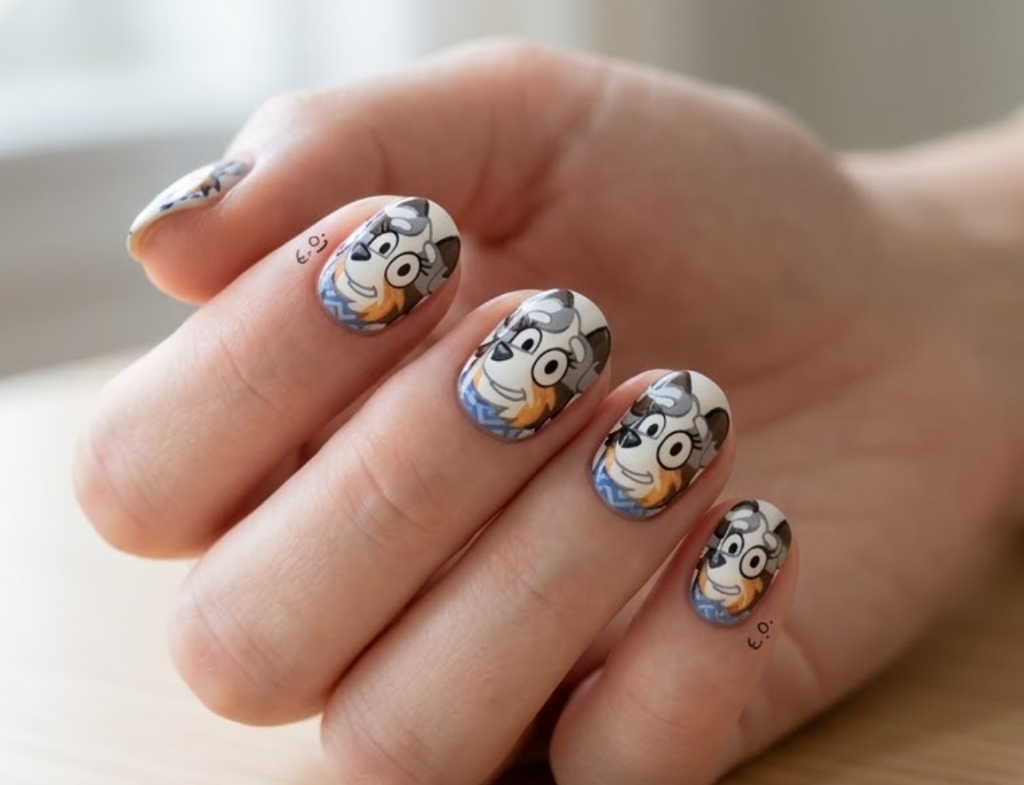 Close-up photo of bluey nails, short oval-shaped nails.