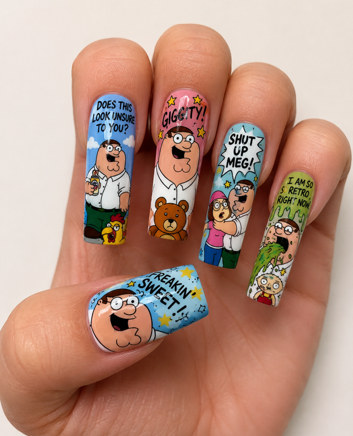 This photo shows full hand Peter Griffin inspired nails with chaotic cartoon patterns, bold colorful details, square nail shape, and simple light background.