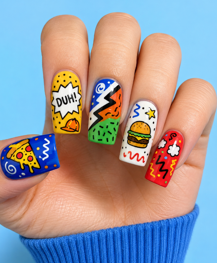 This photo shows full hand Chris Griffin inspired nails with messy playful patterns, bright goofy colors, wide square nail shape, and simple light blue background.