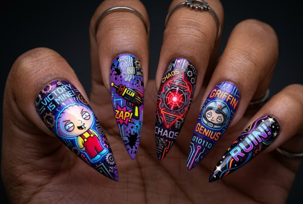 This photo shows full hand Stewie Griffin inspired nails with futuristic dark sci-fi details, sharp stiletto nail shape, and simple black gradient background.