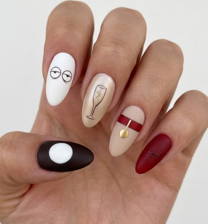 This photo shows full hand Brian Griffin inspired nails with clean minimalist details, intellectual aesthetic, almond nail shape, and simple white background.