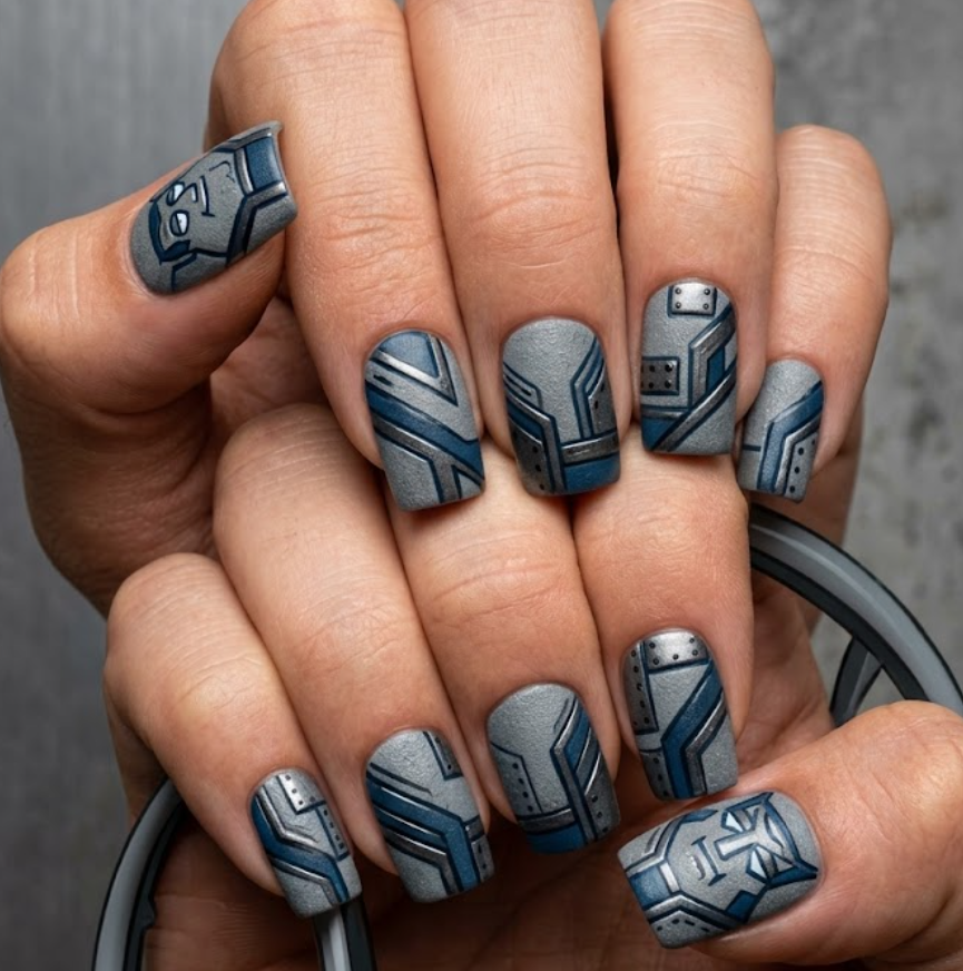 This photo shows full hand Joe Swanson inspired nails with strong bold patterns, resilient action hero aesthetic, extra square nail shape, and simple grey background.