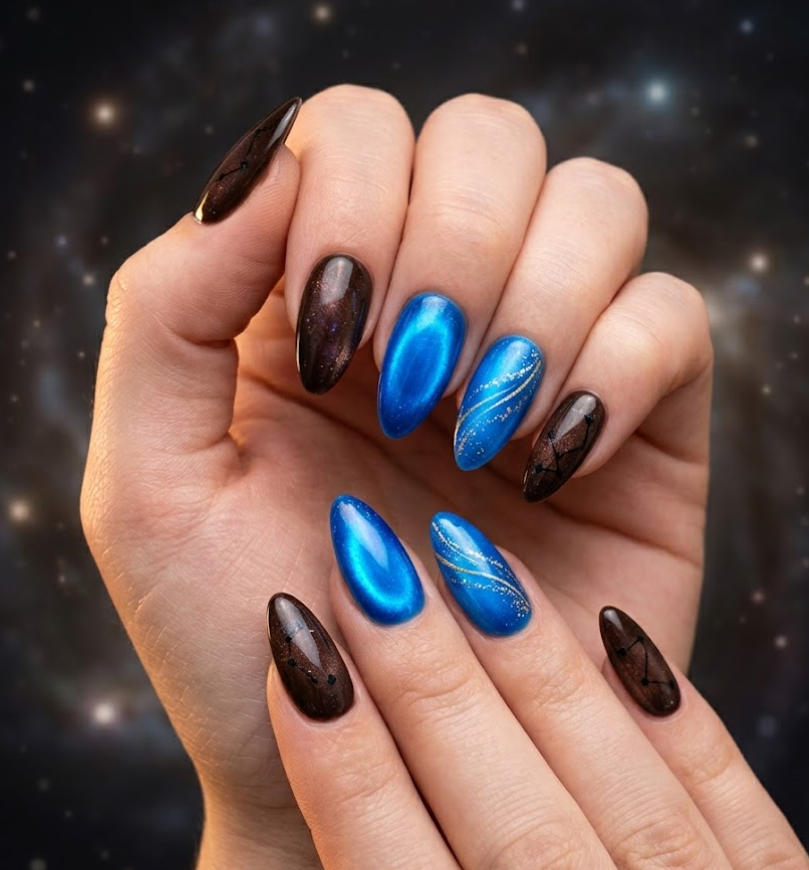 This photo shows full hand Luke Skywalker inspired nails with cosmic glowing details, light and dark balance aesthetic, almond tapered nail shape, and simple galaxy background.