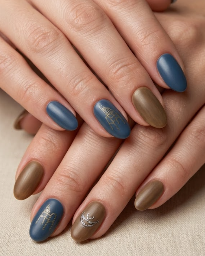 This photo shows full hand Herbert inspired nails with soft vintage tones, eerie subtle details, thin oval nail shape, and simple faded beige background.
