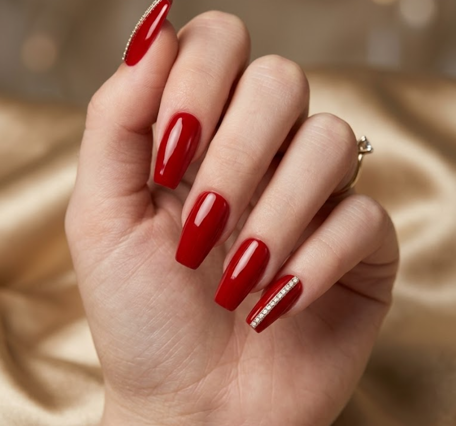 This photo shows full hand Barbara Pewterschmidt inspired nails with luxury polished details, elite aesthetic, elegant coffin nail shape, and simple champagne gold background.