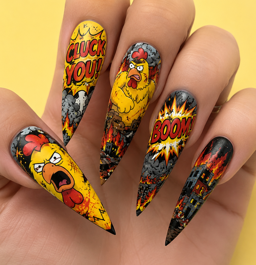 This photo shows full hand Ernie The Giant Chicken inspired nails with explosive comic battle patterns, bold fiery details, sharp coffin nail shape, and simple yellow background.