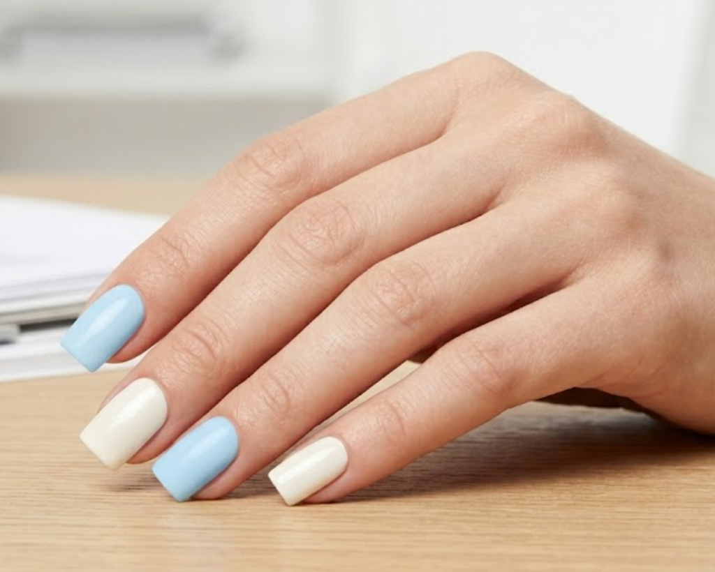 This photo shows full hand Stanford Cordray inspired nails with clean executive structure, disciplined minimal aesthetic, sharp square nail shape, and simple white office background.