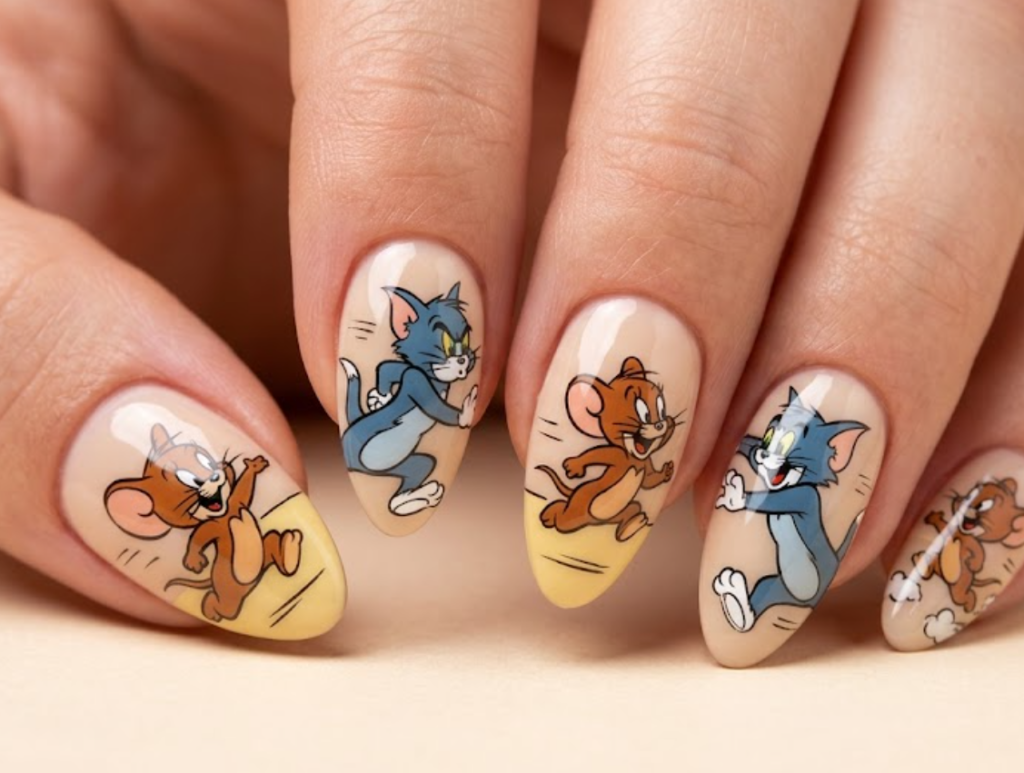 Almond-shaped Tom and Jerry cartoon nails featuring a funny chase scene on glossy nude nails.