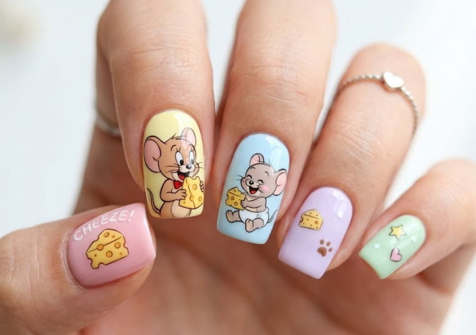 Square-shaped Jerry and Nibbles nail art with cute cheese details and soft pastel colors.