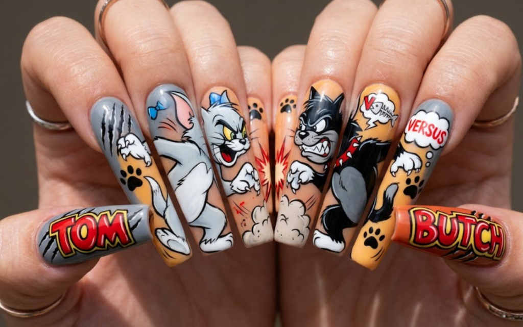 Coffin-shaped Butch and Tom cat nail art featuring playful rivalry and dramatic cartoon expressions.