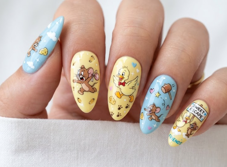 Almond-shaped Jerry and Quacker nails with cheerful cartoon artwork and bright playful colors.