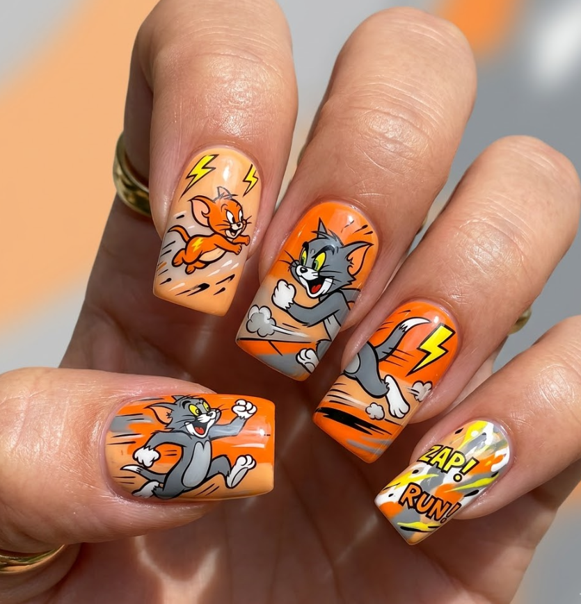 Square-shaped Tom and Lightning cartoon nail design with energetic racing scenes and glossy details.
