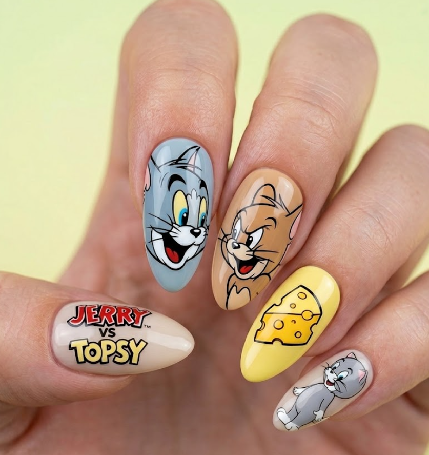 Almond-shaped Jerry and Topsy cartoon nails featuring a playful rivalry and colorful design.