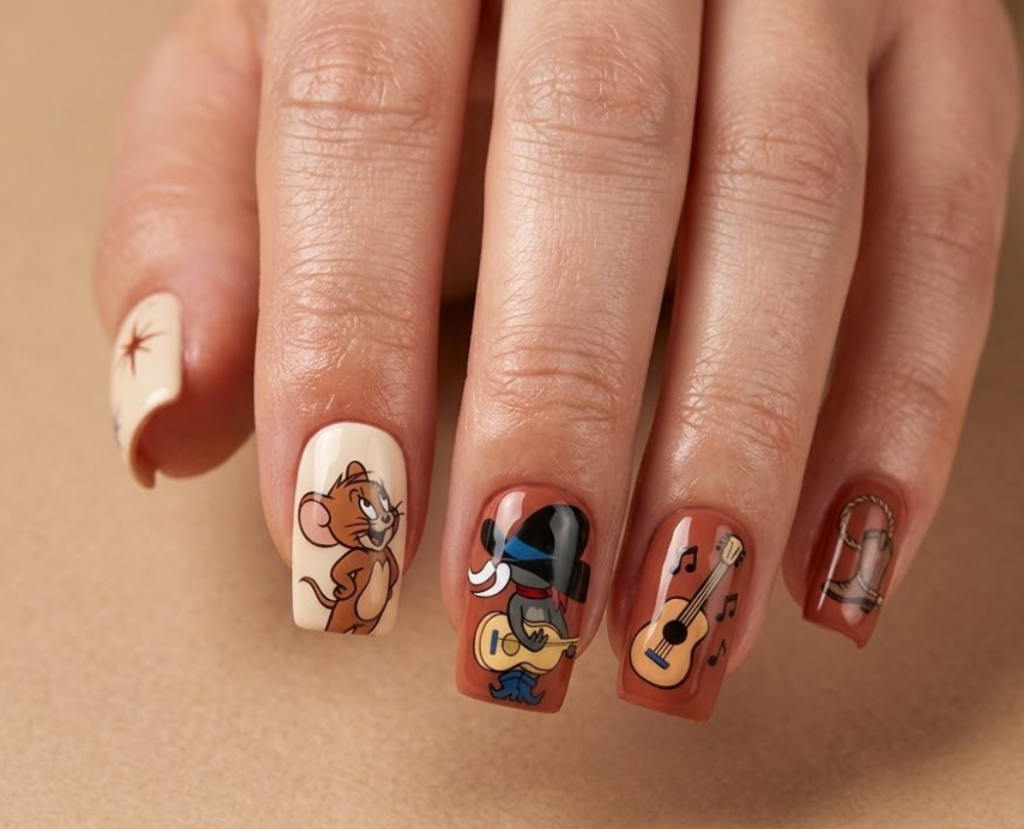 Square-shaped Jerry and Uncle Pecos nails with musical cartoon artwork and warm-toned details.
