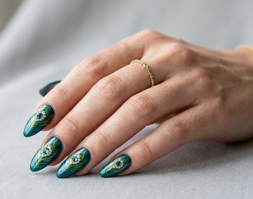 In this picture, almond-shaped nails show teal peacock feather nail art with rhinestone details.