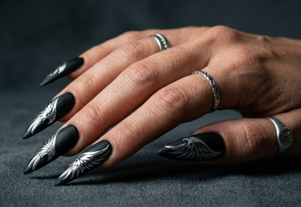 In this picture, sharp stiletto nails feature matte black polish with metallic eagle wing designs.