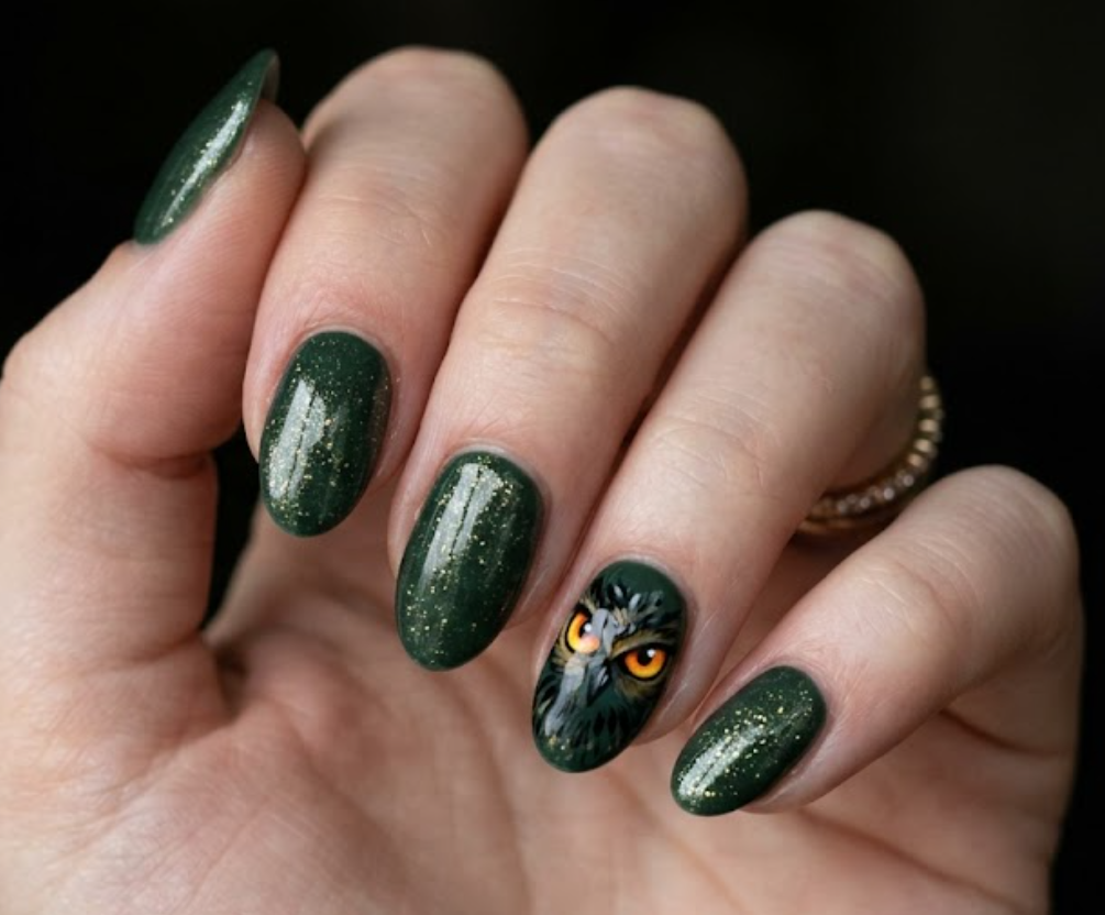 In this picture, medium oval nails display owl-inspired nail art with glowing amber eyes and forest tones.