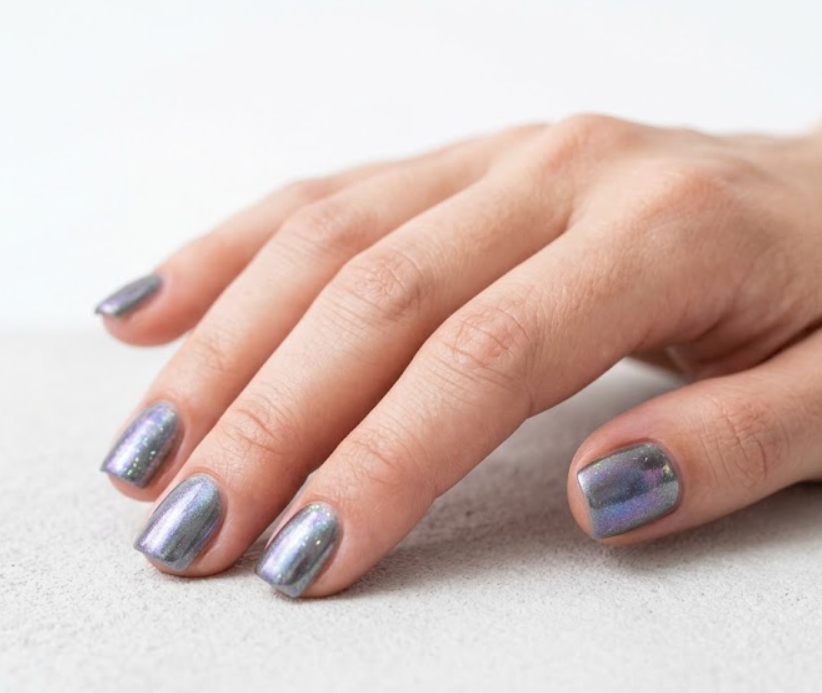 In this picture, short square nails feature chrome pigeon-inspired nail art with soft grey shimmer.
