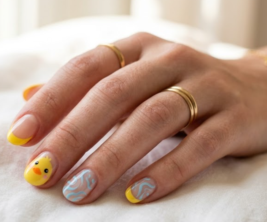 In this picture, rounded nails display yellow duck-inspired French tips with water ripple accents.