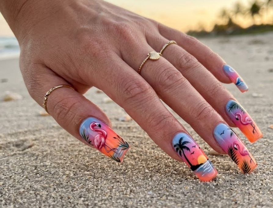 In this picture, long square nails show pink flamingo nail designs with sunset gradients and palm trees.