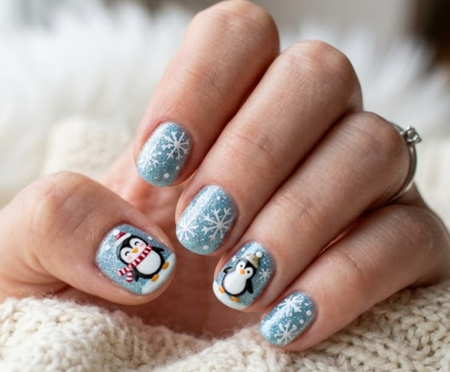 In this picture, short round nails display icy blue penguin nail art with snowflakes and glitter.