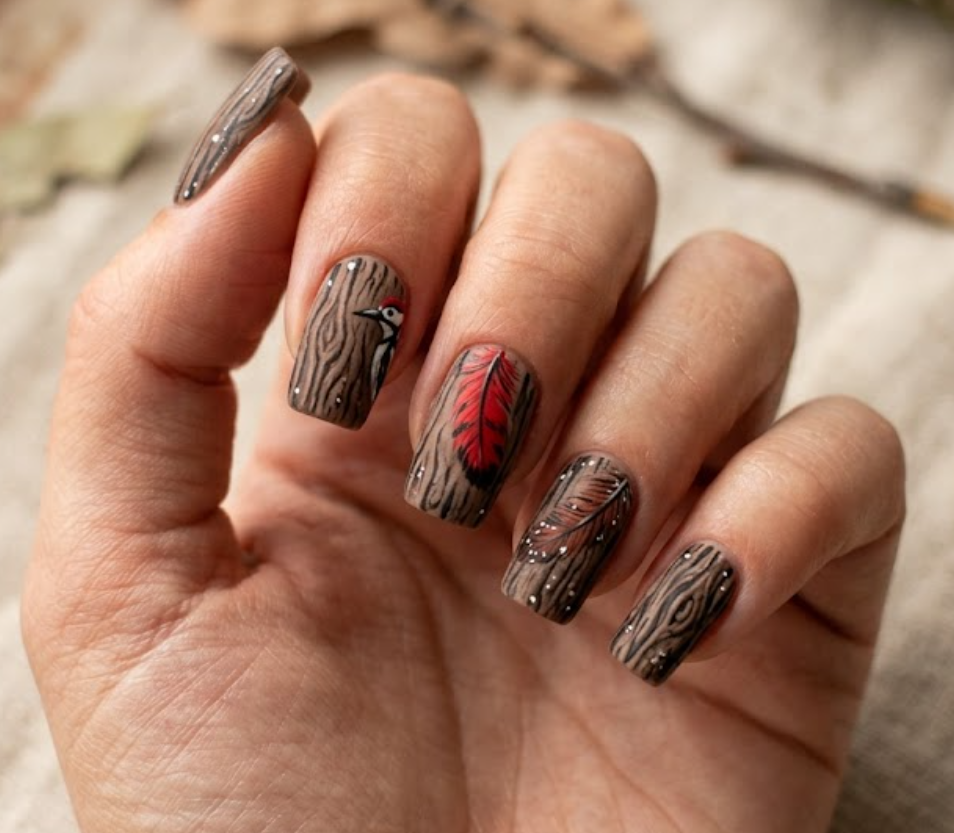 In this picture, medium square nails show woodpecker nail art with bark textures and red feather accents.
