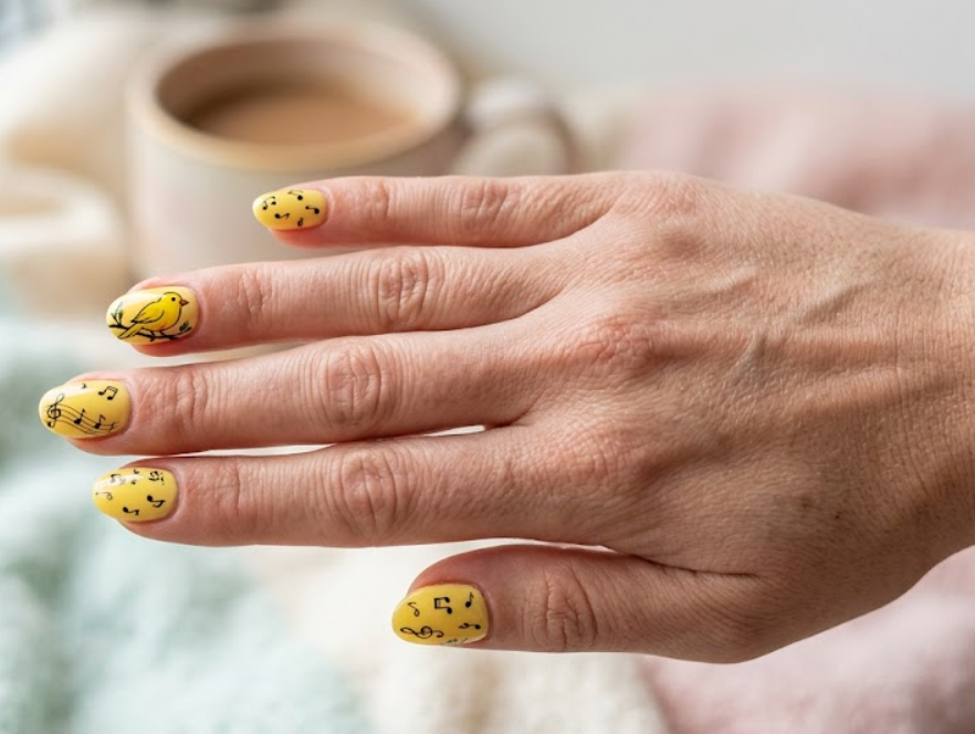In this picture, short oval nails show bright yellow canary-inspired nail art with tiny musical notes.