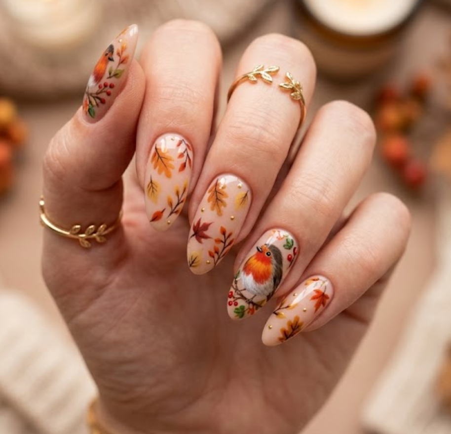 In this picture, almond-shaped nails display robin feather nail designs with autumn leaf accents.