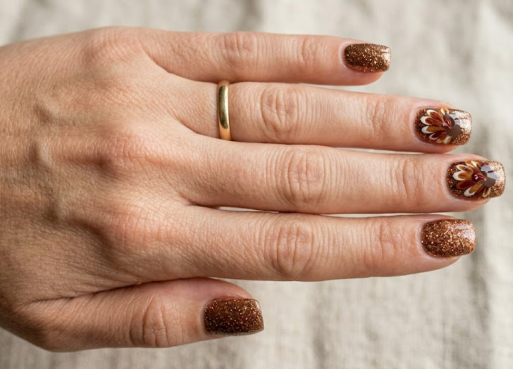 In this picture, square-shaped nails feature bronze glitter turkey feather nail art with warm fall colors.