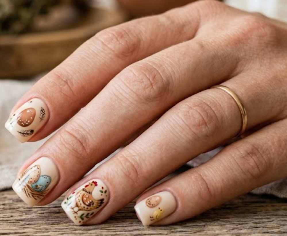 In this picture, short square nails display farmhouse-inspired hen nail art with tiny egg illustrations.